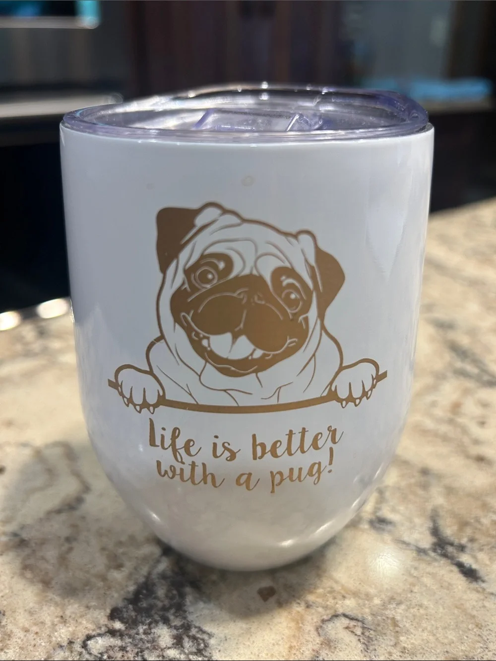 White Stainless Steel Pug Tumbler with Gold Design